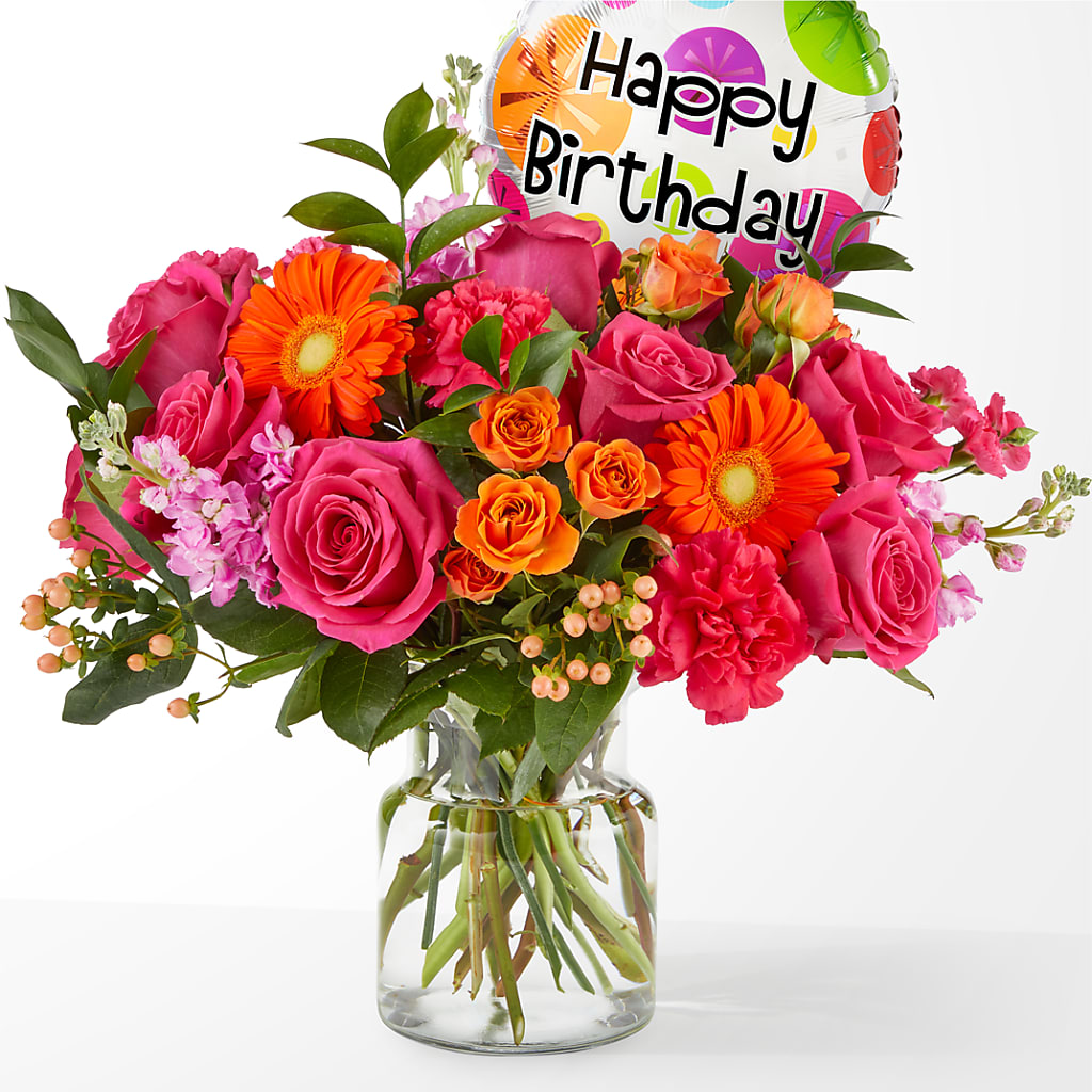 Fiesta Bouquet with Birthday Balloon – Garden Of Eden Florist, San Antonio TX