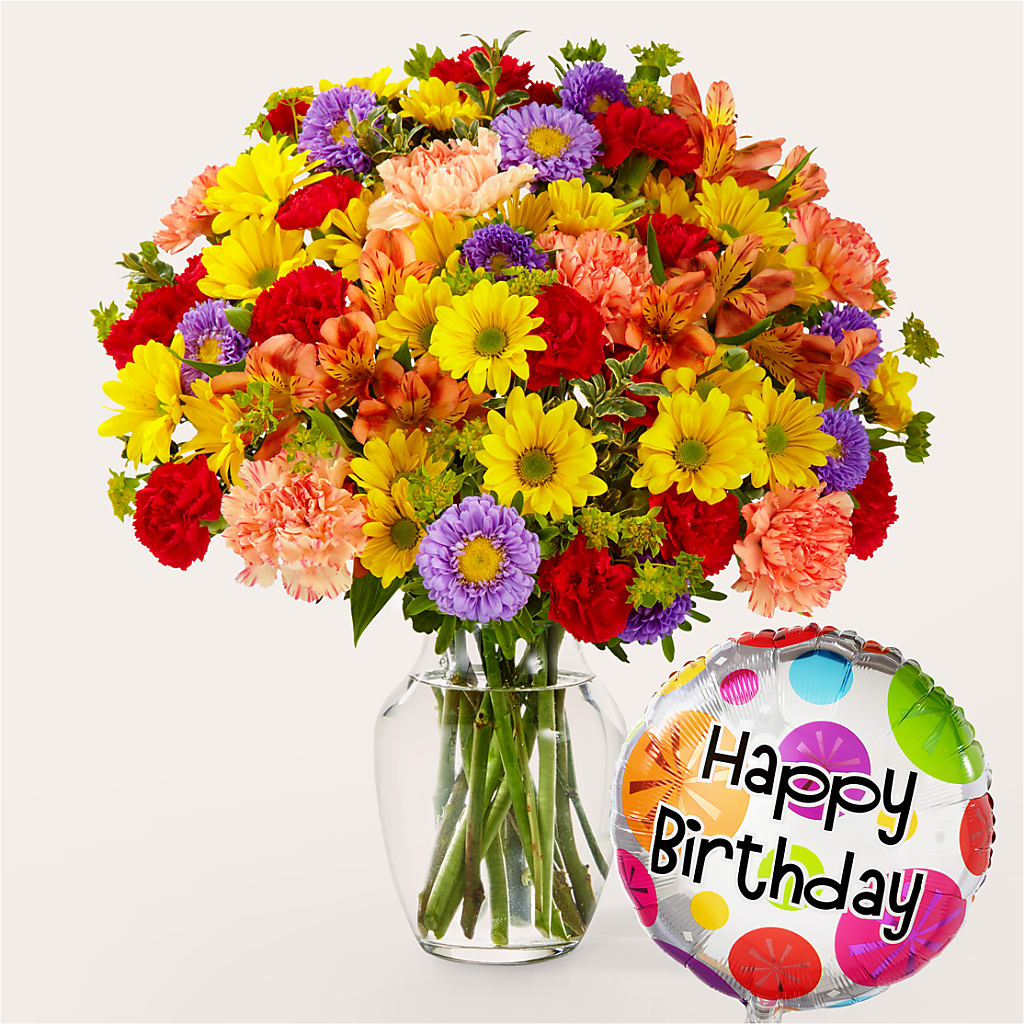 Kaleidoscope Bouquet with Birthday Balloon – Garden Of Eden Florist, San Antonio TX