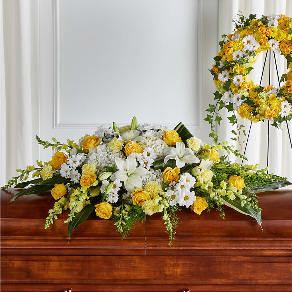 Golden Harmony Casket Spray – Garden Of Eden Florist, San Antonio TX