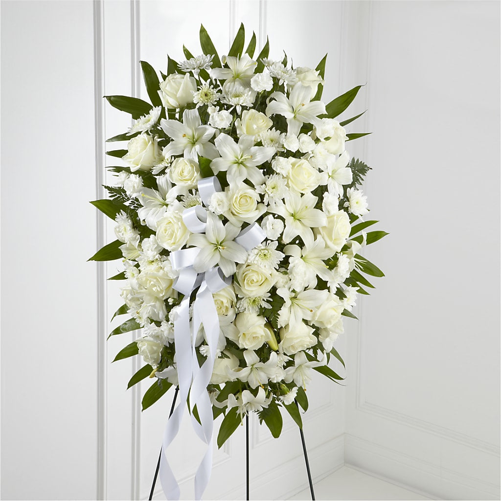 Exquisite Tribute Standing Spray-White Ribbon – Garden Of Eden Florist, San Antonio TX