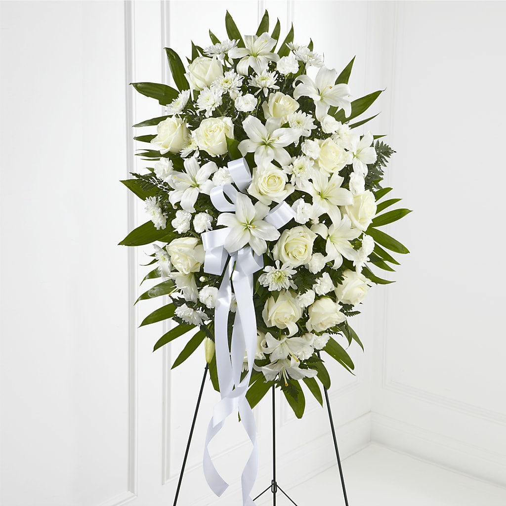 Exquisite Tribute Standing Spray-White Ribbon – Garden Of Eden Florist, San Antonio TX